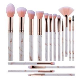 New 15-Piece Marble Handle Makeup Brush Set in Pink and Rose Gold